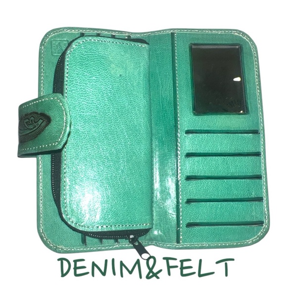 Western Womens Teal Green Embossed Tooled Real Genuine Leather Long Zip Wallet - Picture 4 of 9